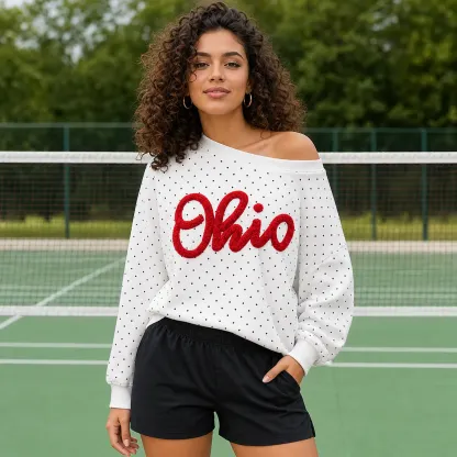 Custom College Chenille Team Name Embroidered Polka Dot Off-Shoulder Sweatshirt - Game Day Wear