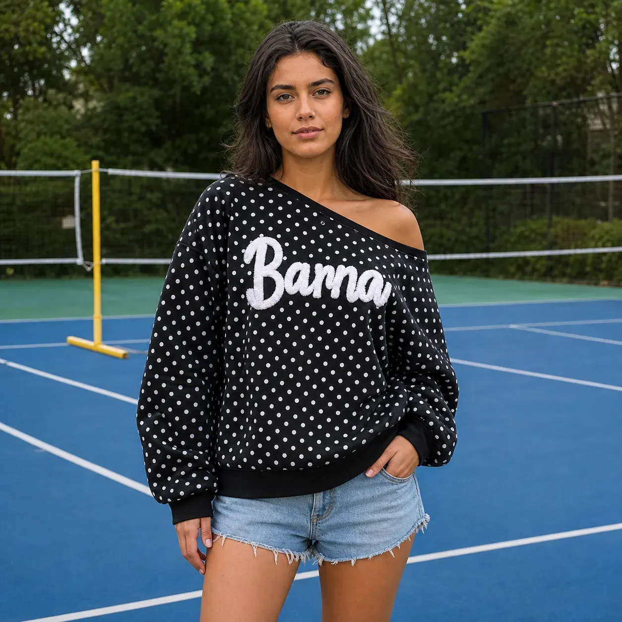 Custom College Chenille Team Name Embroidered Polka Dot Off-Shoulder Sweatshirt - Game Day Wear
