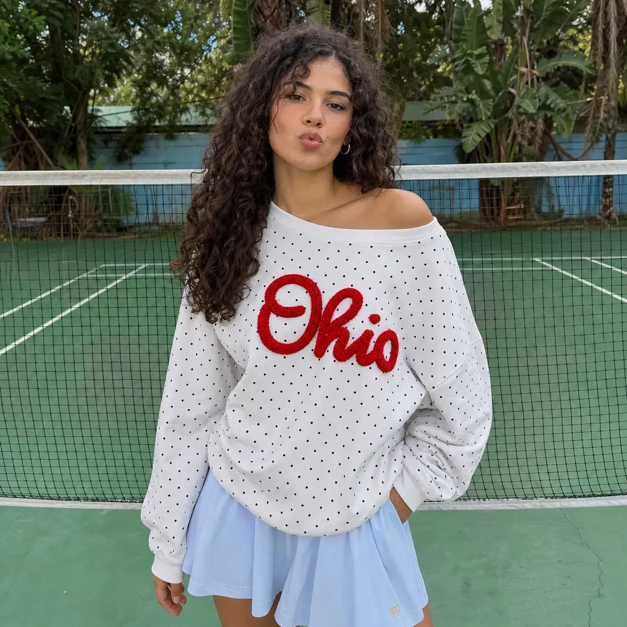 Custom College Chenille Team Name Embroidered Polka Dot Off-Shoulder Sweatshirt - Game Day Wear