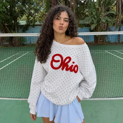 Custom College Chenille Team Name Embroidered Polka Dot Off-Shoulder Sweatshirt - Game Day Wear