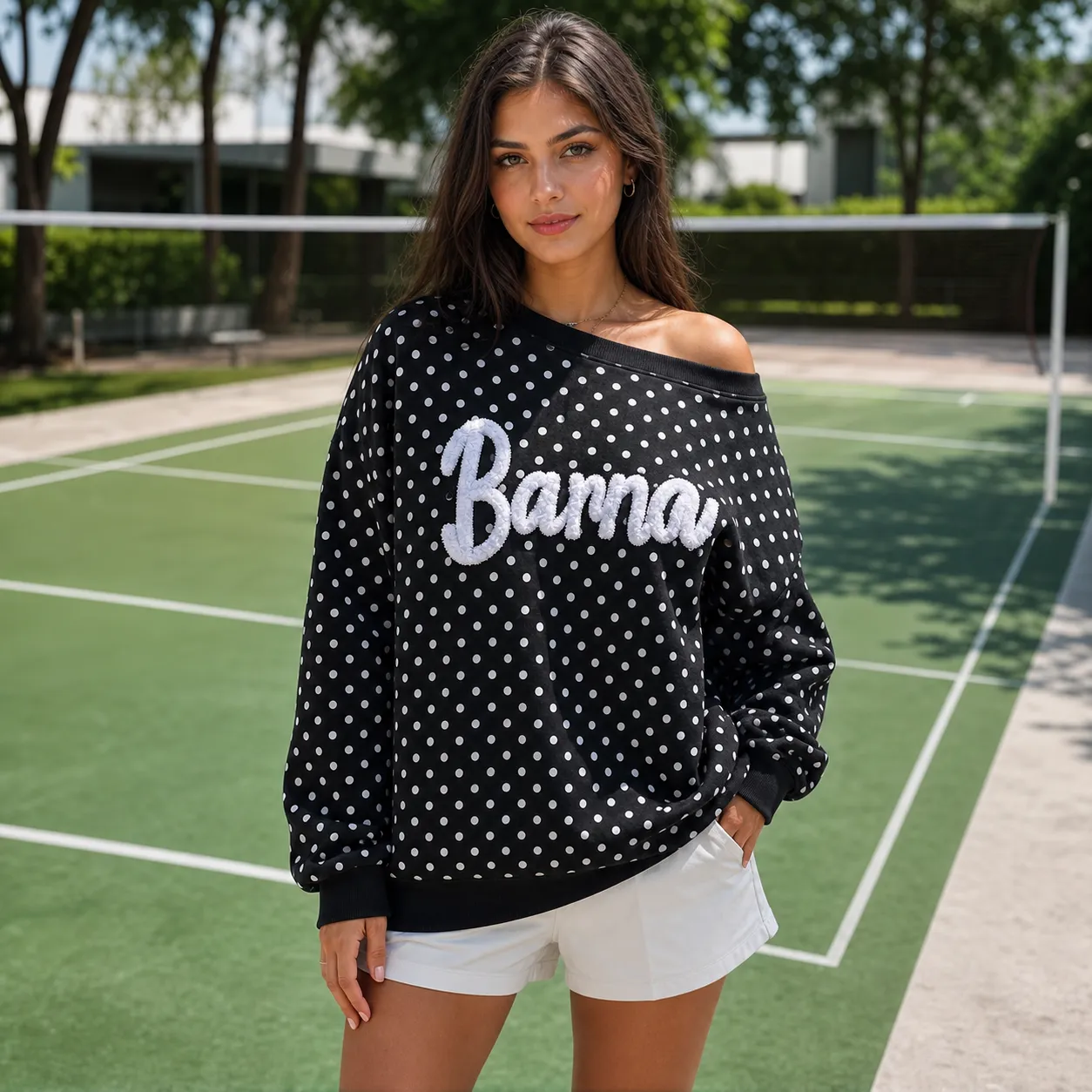 Custom College Chenille Team Name Embroidered Polka Dot Off-Shoulder Sweatshirt - Game Day Wear