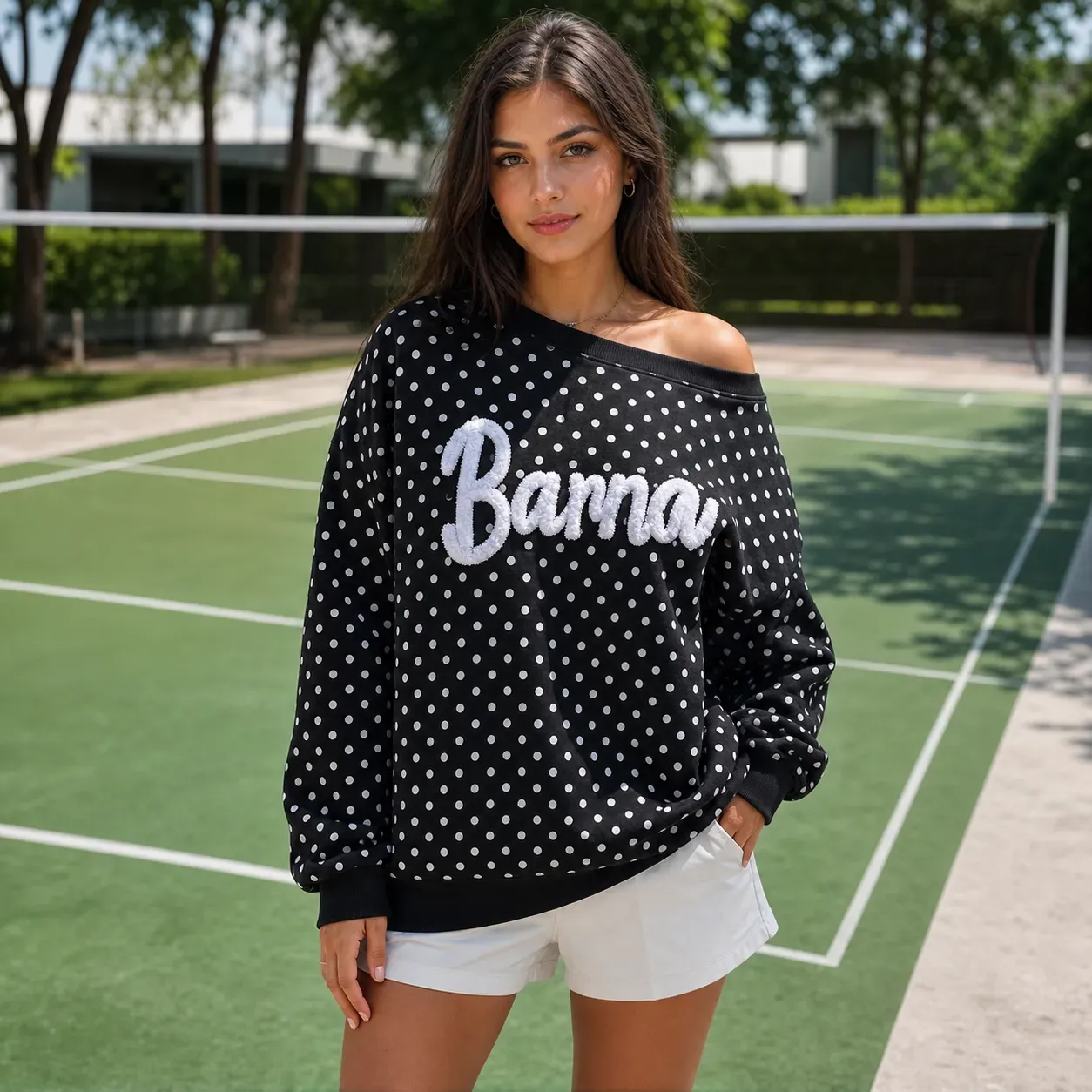 Custom College Chenille Team Name Embroidered Polka Dot Off-Shoulder Sweatshirt - Game Day Wear