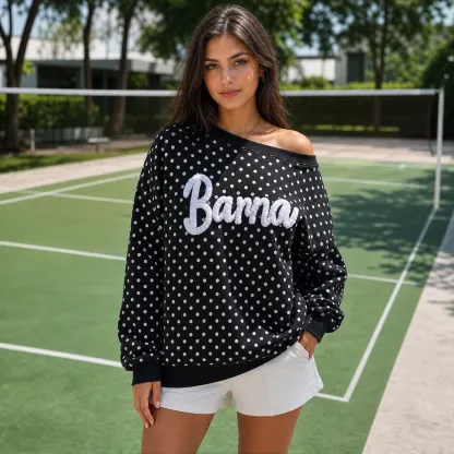 Custom College Chenille Team Name Embroidered Polka Dot Off-Shoulder Sweatshirt - Game Day Wear