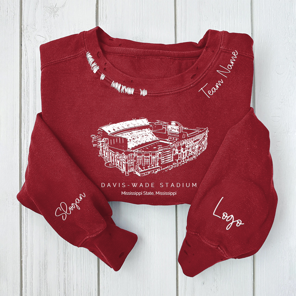 Davis Wade Stadium - Mississippi State Bulldogs football Unisex Distressed Monogram Collar Sleeve Embroidery Chain Stitch Sweatshirt