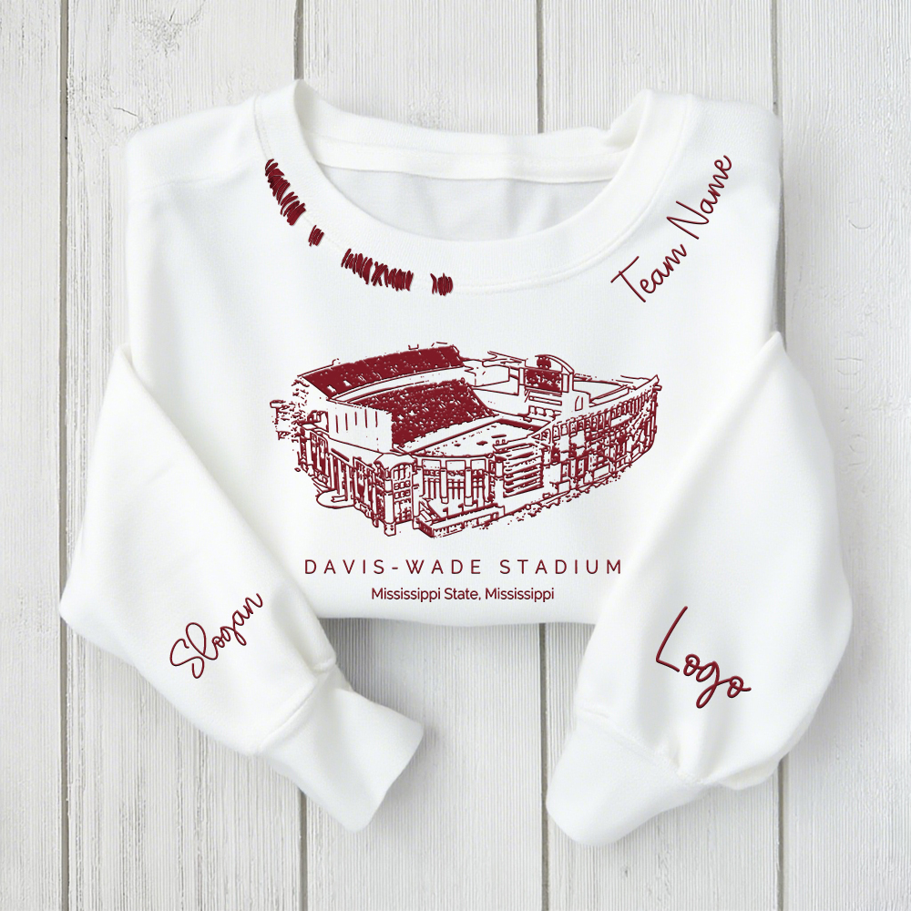 Davis Wade Stadium - Mississippi State Bulldogs football Unisex Distressed Monogram Collar Sleeve Embroidery Chain Stitch Sweatshirt