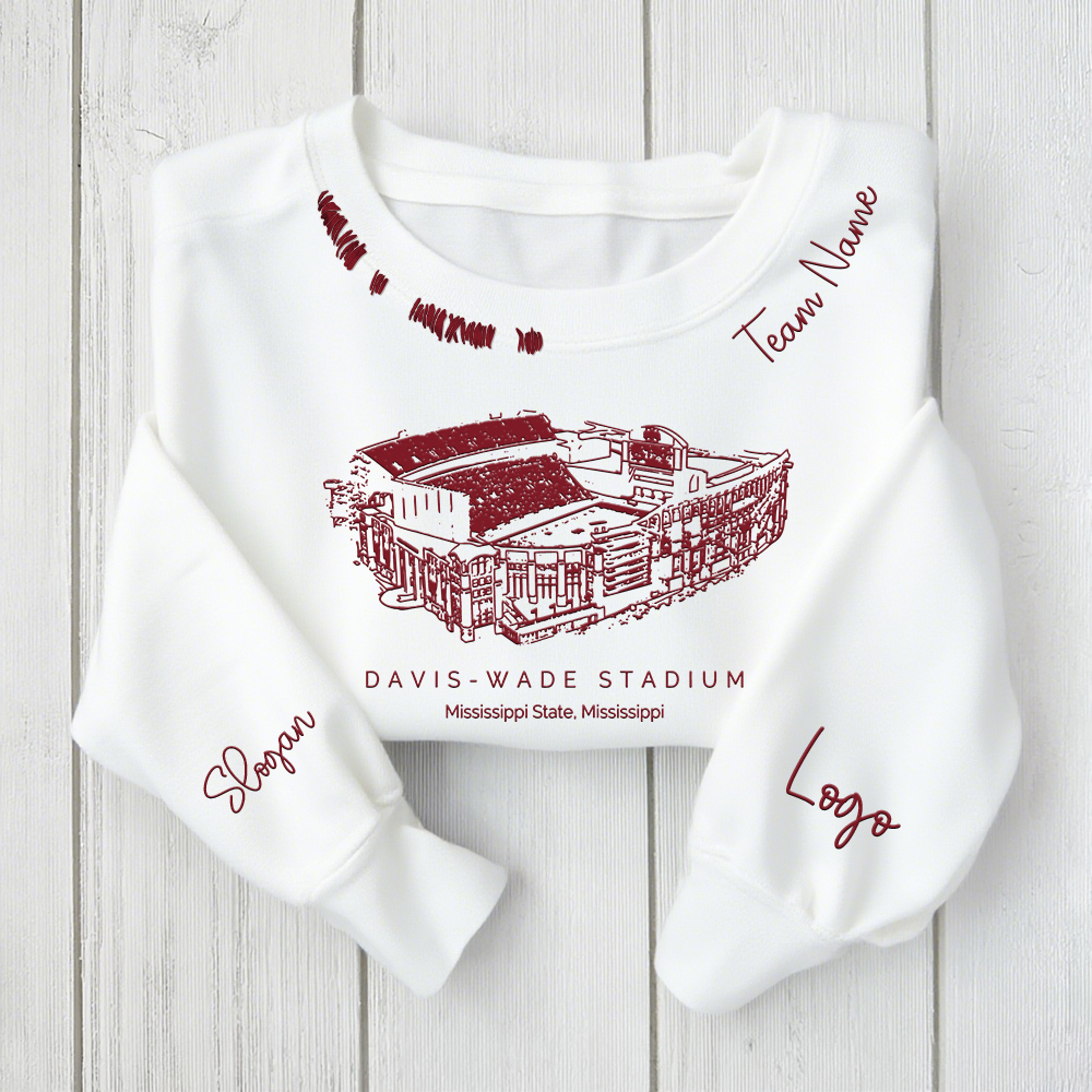 Davis Wade Stadium - Mississippi State Bulldogs football Unisex Distressed Monogram Collar Sleeve Embroidery Chain Stitch Sweatshirt