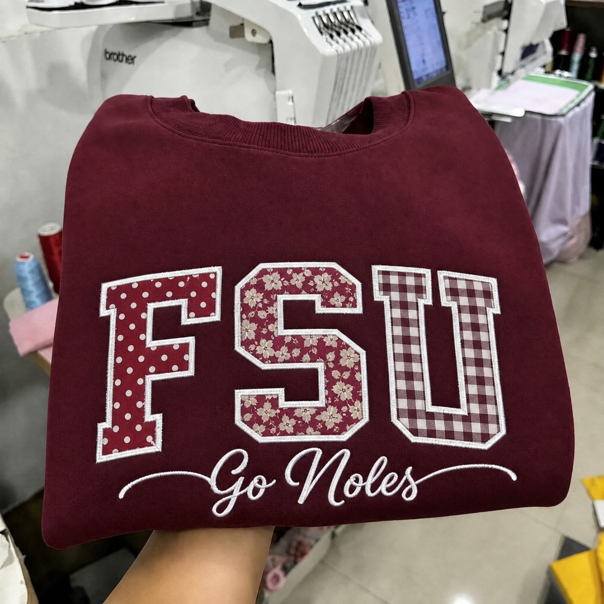 Custom Florida State Patchwork Fabric Embroidered Sweatshirt, Personalized Floral Varsity College Sweatshirt