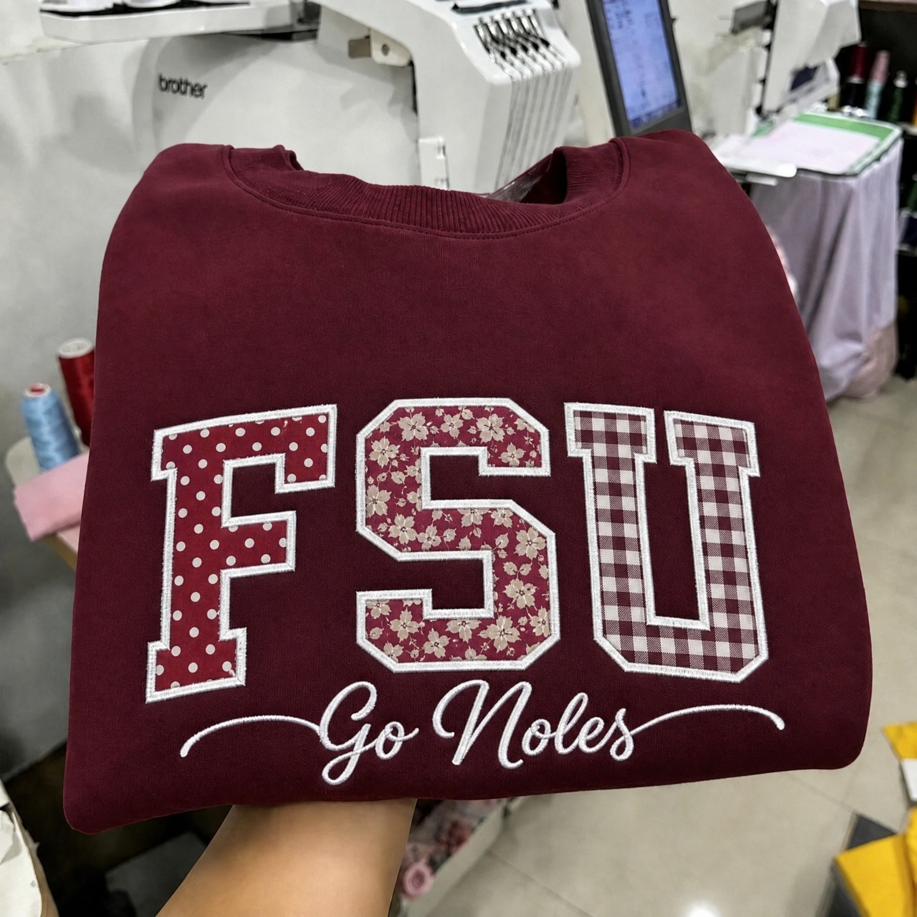 Custom Florida State Patchwork Fabric Embroidered Sweatshirt, Personalized Floral Varsity College Sweatshirt