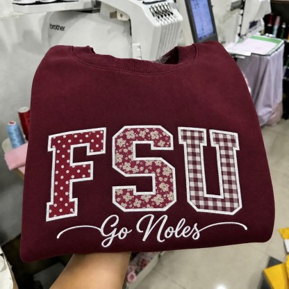 Custom Florida State Patchwork Fabric Embroidered Sweatshirt, Personalized Floral Varsity College Sweatshirt
