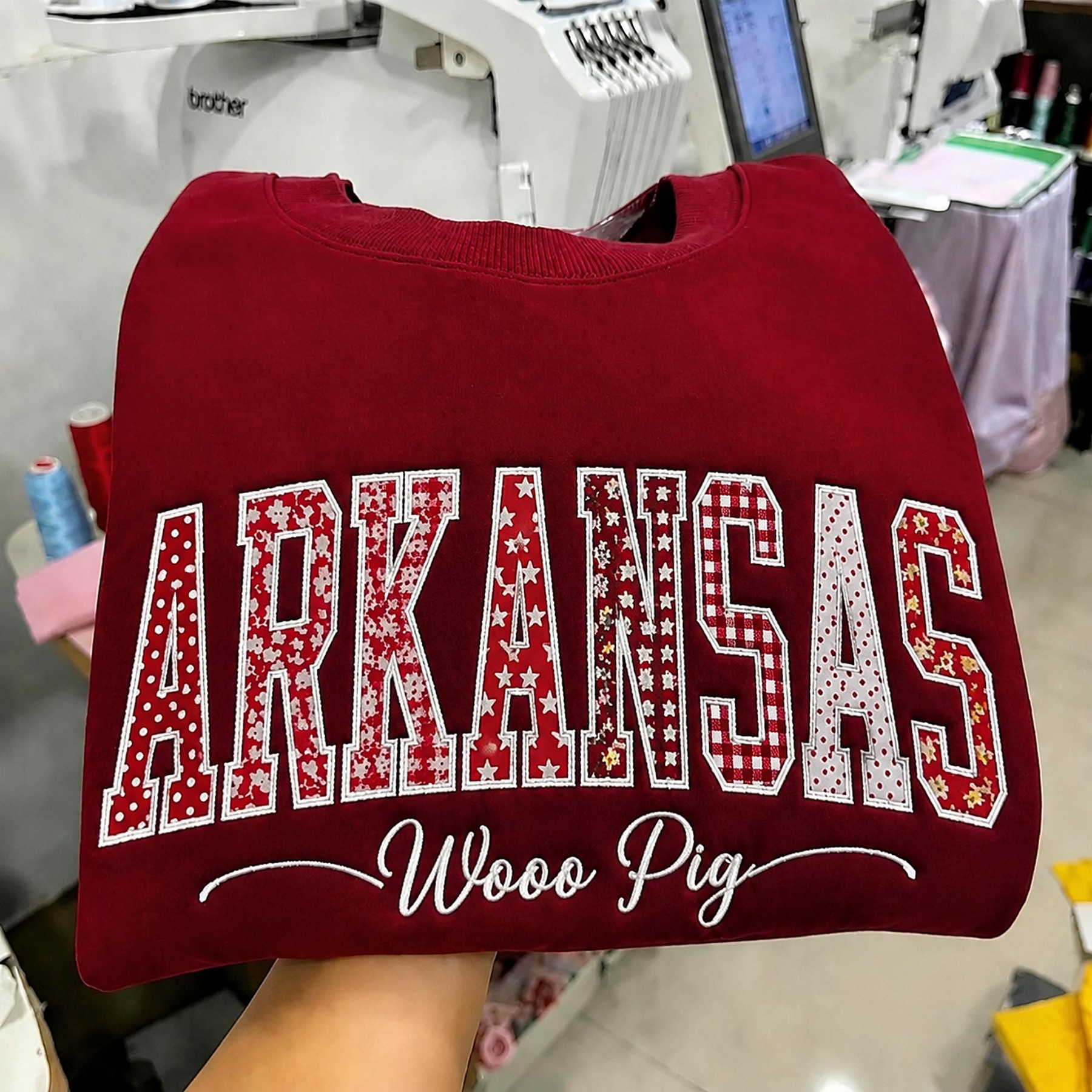 Custom Arkansas Razorbacks Patchwork Fabric Embroidered Sweatshirt, Personalized Floral Varsity College Sweatshirt