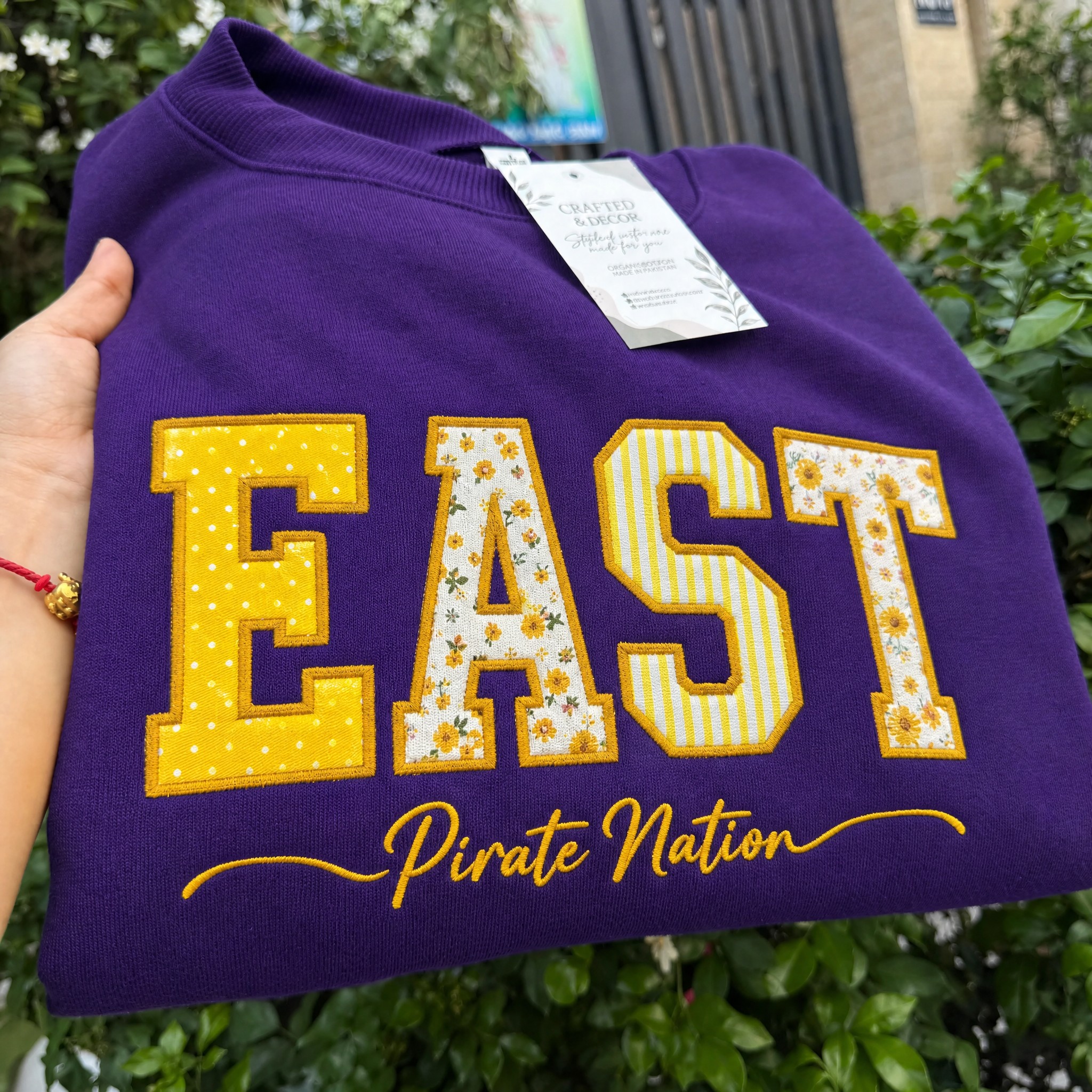 Custom East Carolina Patchwork Fabric Embroidered Sweatshirt, Personalized Floral Varsity College Sweatshirt
