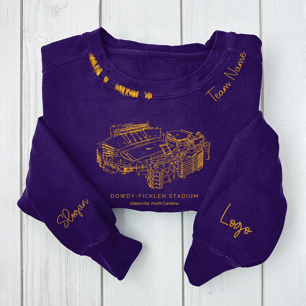 Dowdy–Ficklen Stadium - East Carolina Pirates football Unisex Distressed Monogram Collar Sleeve Embroidery Chain Stitch Sweatshirt