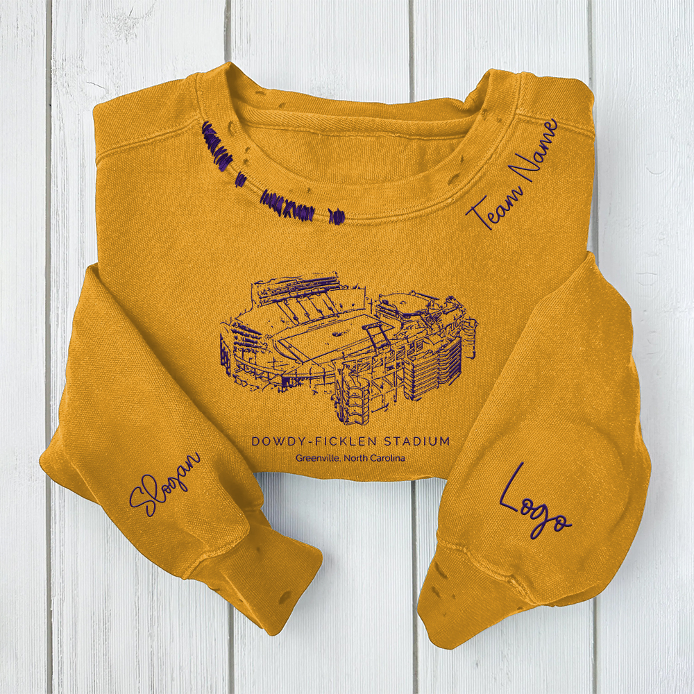 Dowdy–Ficklen Stadium - East Carolina Pirates football Unisex Distressed Monogram Collar Sleeve Embroidery Chain Stitch Sweatshirt