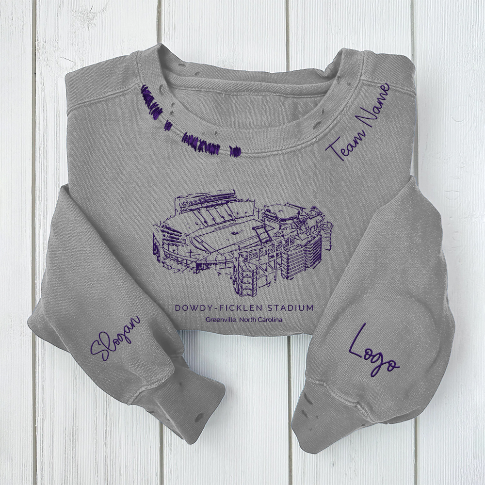 Dowdy–Ficklen Stadium - East Carolina Pirates football Unisex Distressed Monogram Collar Sleeve Embroidery Chain Stitch Sweatshirt