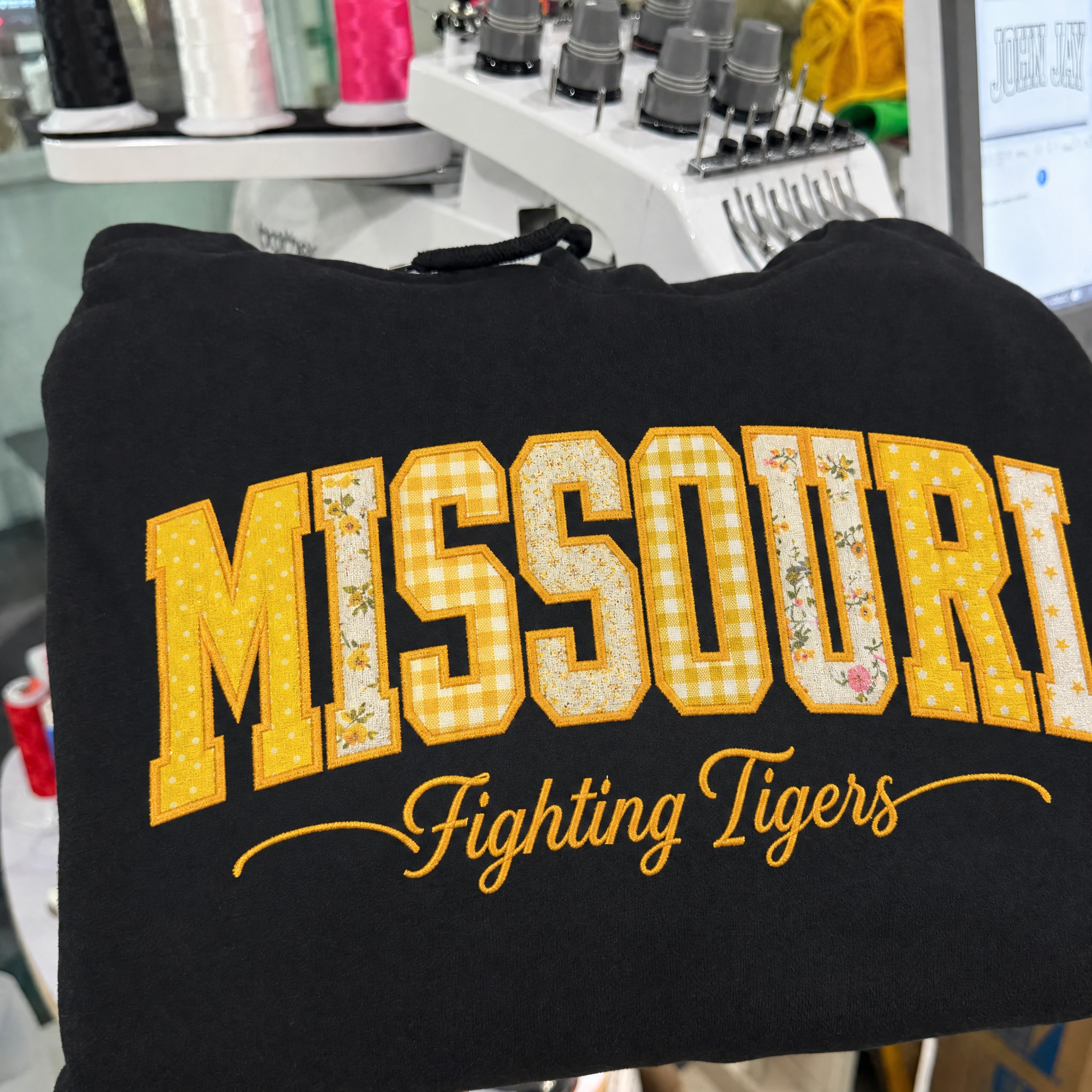 Custom Missouri Tigers Patchwork Fabric Embroidered Sweatshirt, Personalized Floral Varsity College Sweatshirt