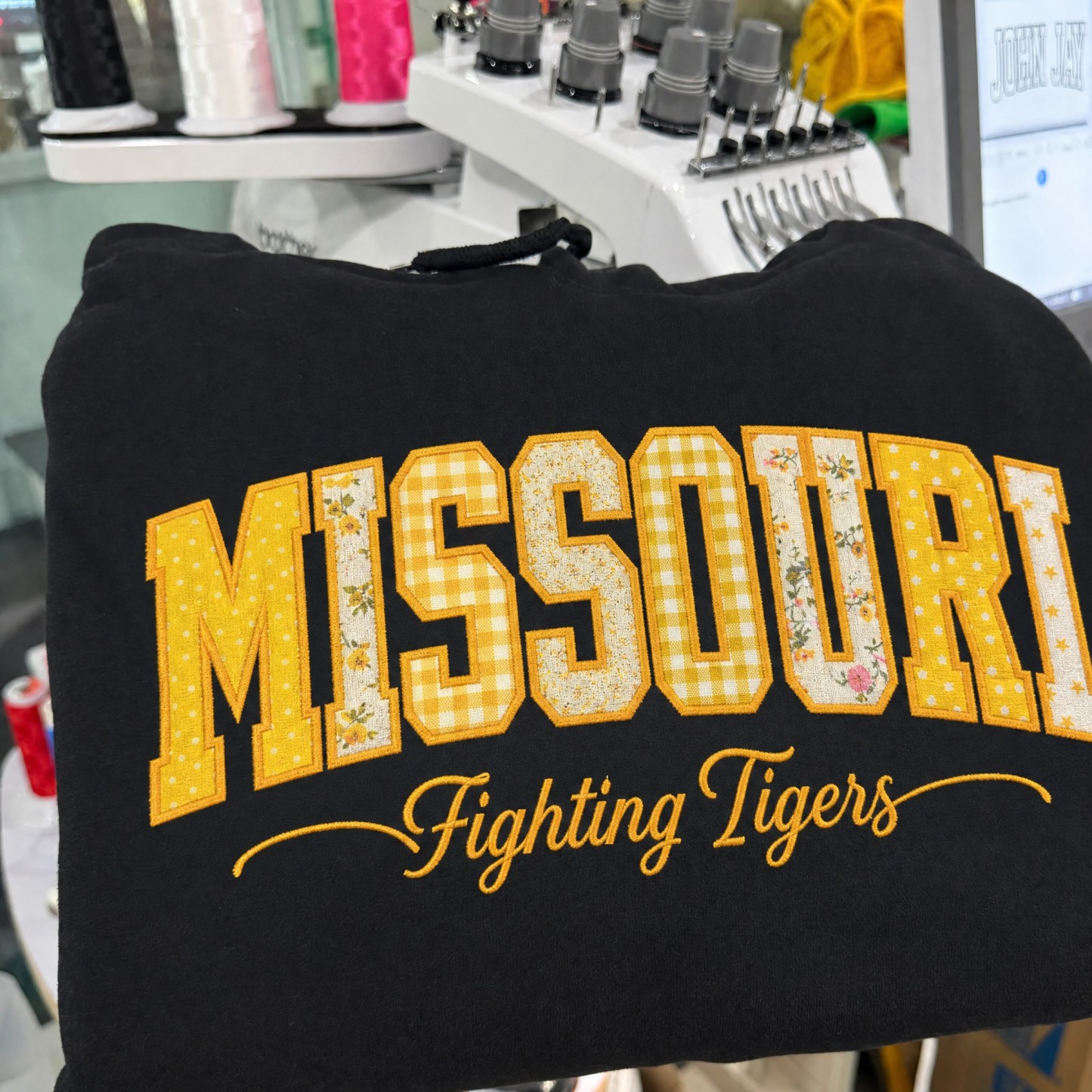 Custom Missouri Tigers Patchwork Fabric Embroidered Sweatshirt, Personalized Floral Varsity College Sweatshirt