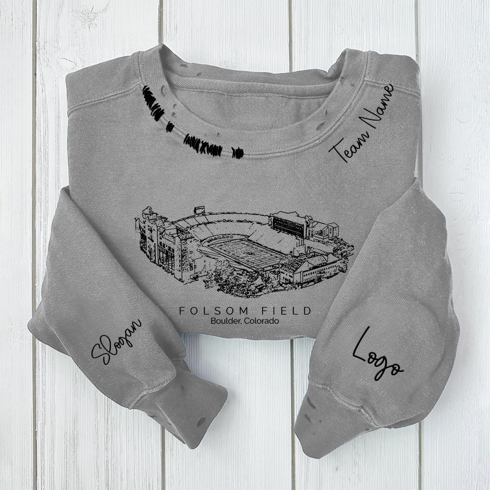 Folsom Field - Colorado Buffaloes football Unisex Distressed Monogram Collar Sleeve Embroidery Chain Stitch Sweatshirt