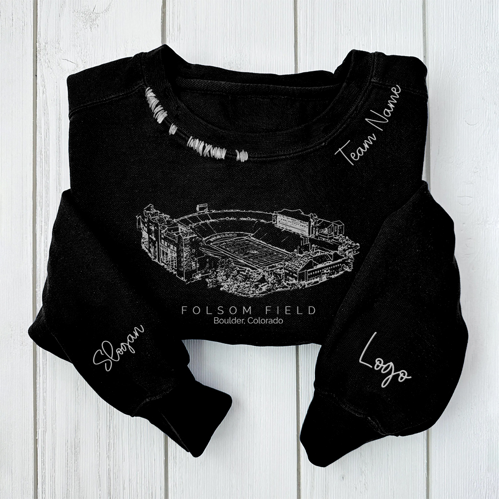 Folsom Field - Colorado Buffaloes football Unisex Distressed Monogram Collar Sleeve Embroidery Chain Stitch Sweatshirt