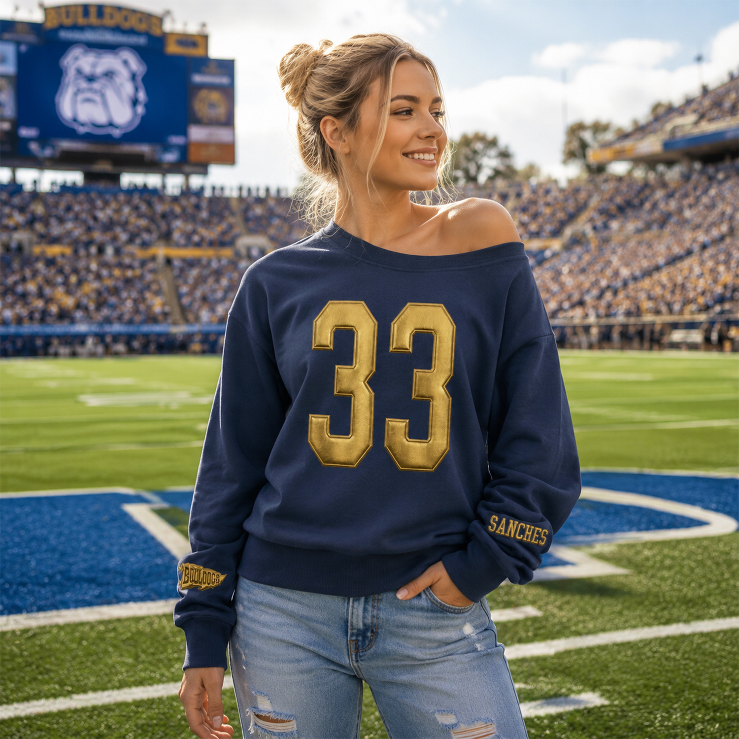 Custom Metallic Puff Off The Shoulder Sweatshirt, Game Day Wear