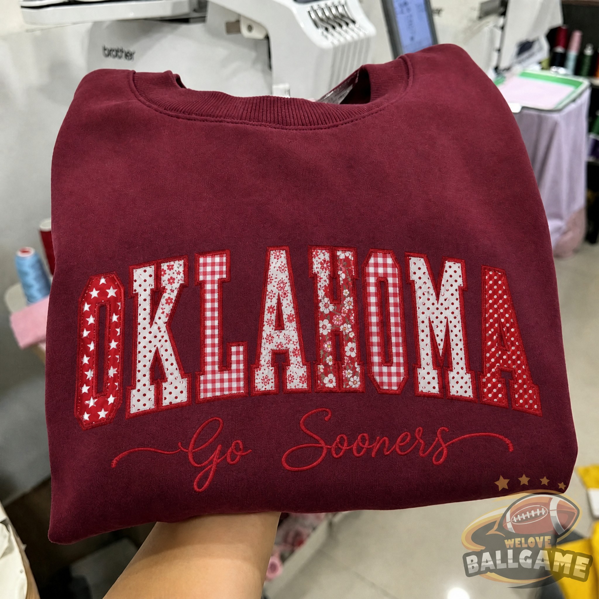 Custom Oklahoma Sooners Patchwork Fabric Embroidered Sweatshirt, Personalized Floral Varsity College Sweatshirt