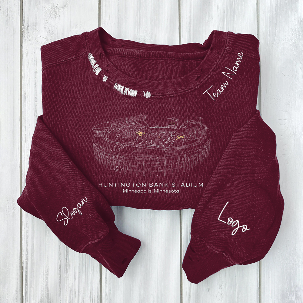 Huntington Bank Stadium- Minnesota Golden Gophers football Unisex Distressed Monogram Collar Sleeve Embroidery Chain Stitch Sweatshirt