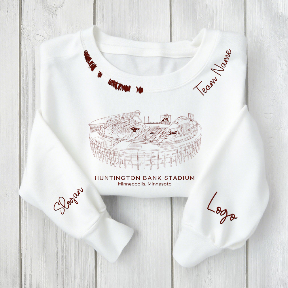 Huntington Bank Stadium- Minnesota Golden Gophers football Unisex Distressed Monogram Collar Sleeve Embroidery Chain Stitch Sweatshirt