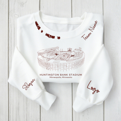 Huntington Bank Stadium- Minnesota Golden Gophers football Unisex Distressed Monogram Collar Sleeve Embroidery Chain Stitch Sweatshirt