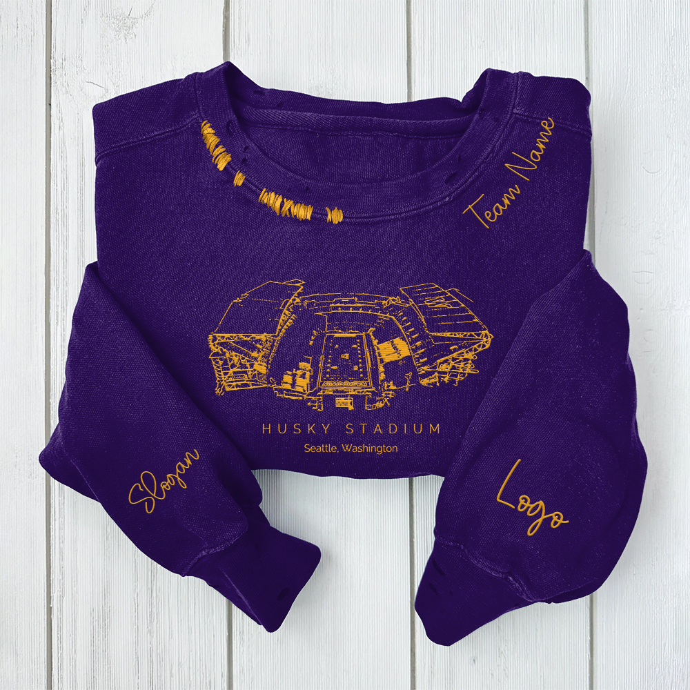 Husky Stadium - Washington Huskies football Unisex Distressed Monogram Collar Sleeve Embroidery Chain Stitch Sweatshirt