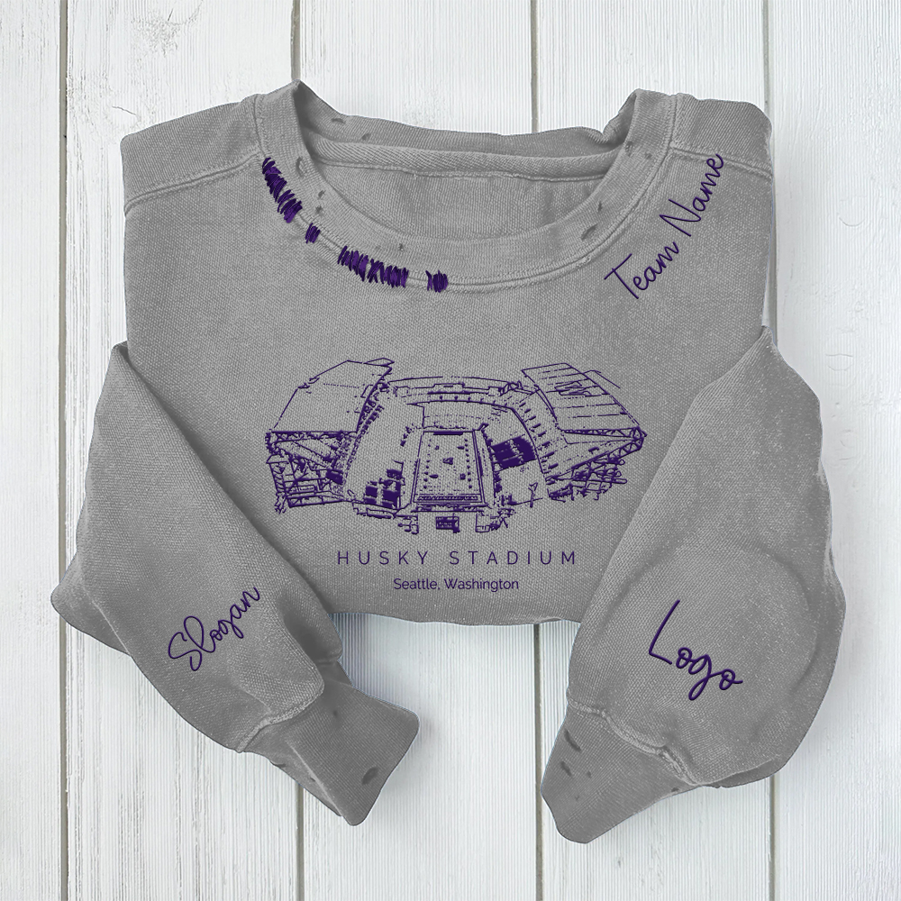 Husky Stadium - Washington Huskies football Unisex Distressed Monogram Collar Sleeve Embroidery Chain Stitch Sweatshirt