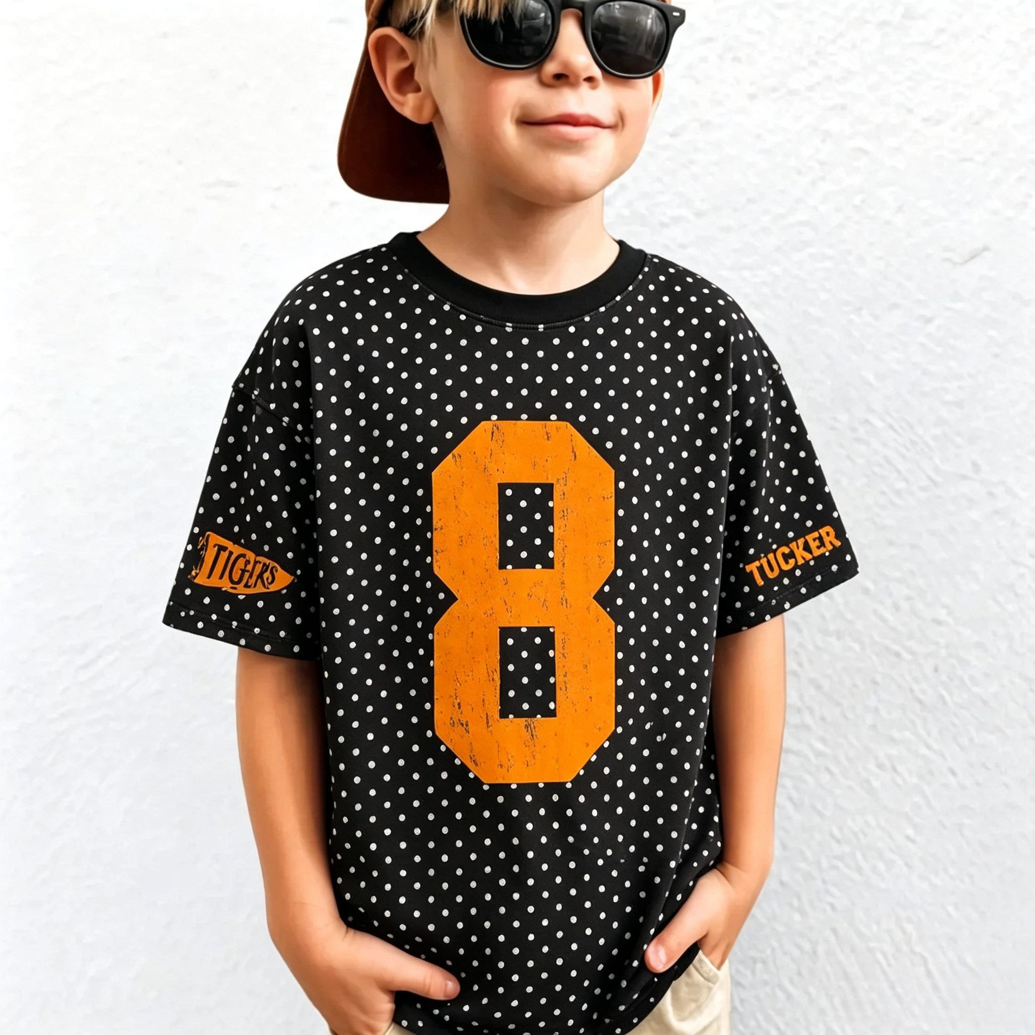 Custom Vintage Varsity Number or Letter Sport Team Kids Polka Dot T-shirt