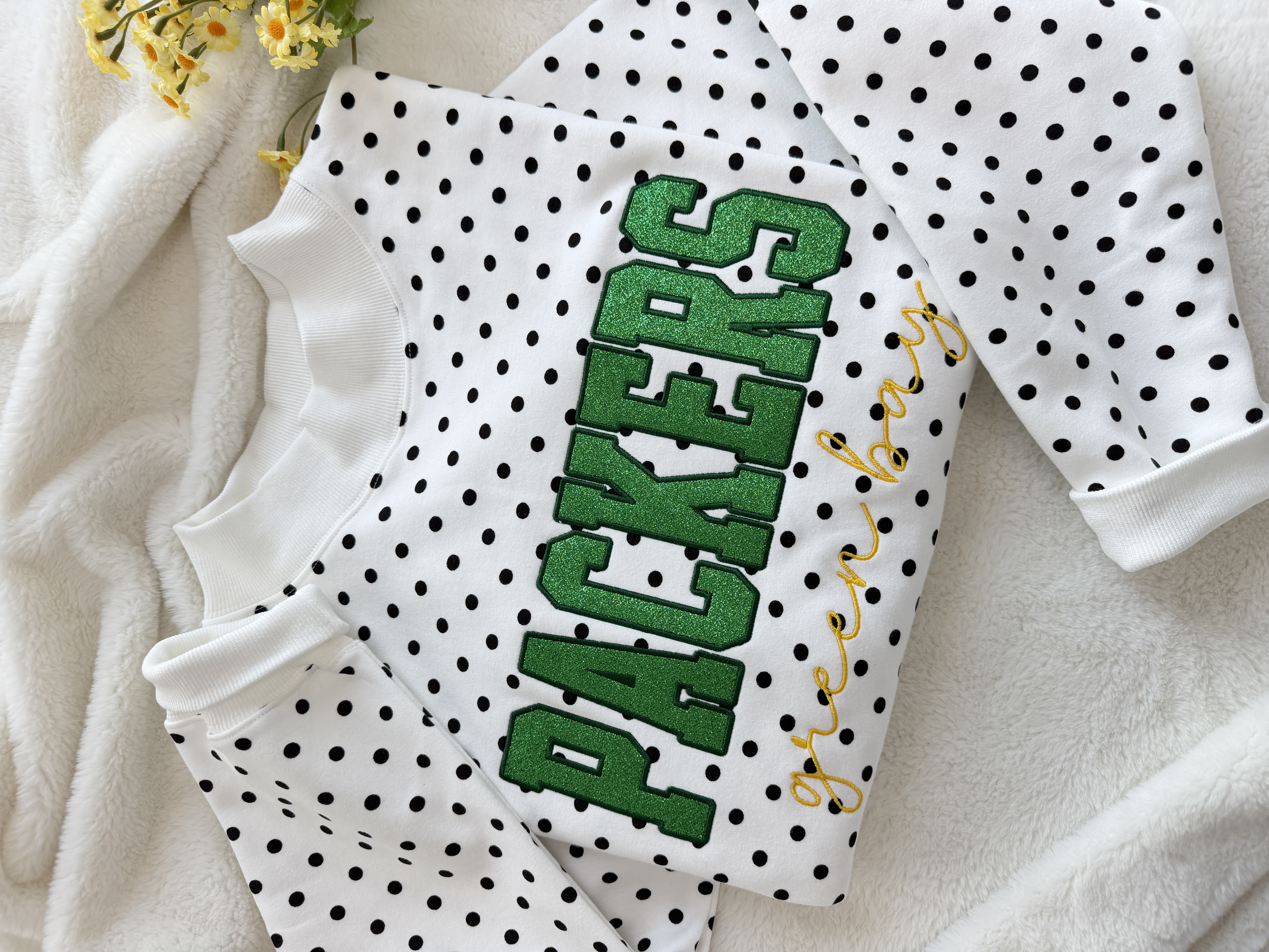 Custom Glitter Embroidered Polka Dot Mockneck Sweatshirt, Personalized Team Game Day Crewneck