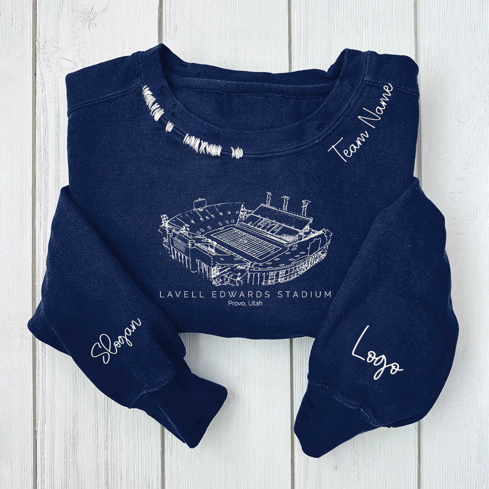 LaVell Edwards Stadium - BYU Cougars football Unisex Distressed Monogram Collar Sleeve Embroidery Chain Stitch Sweatshirt