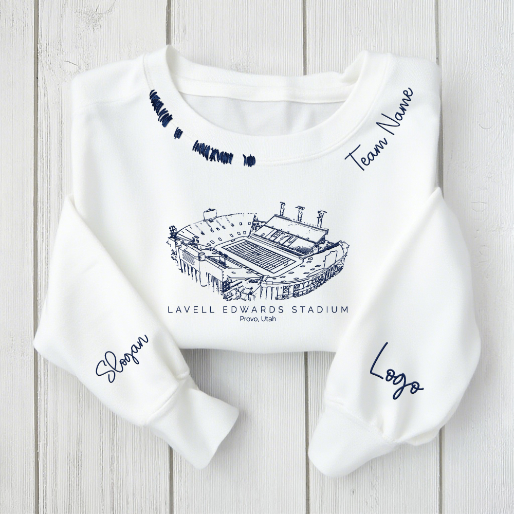 LaVell Edwards Stadium - BYU Cougars football Unisex Distressed Monogram Collar Sleeve Embroidery Chain Stitch Sweatshirt
