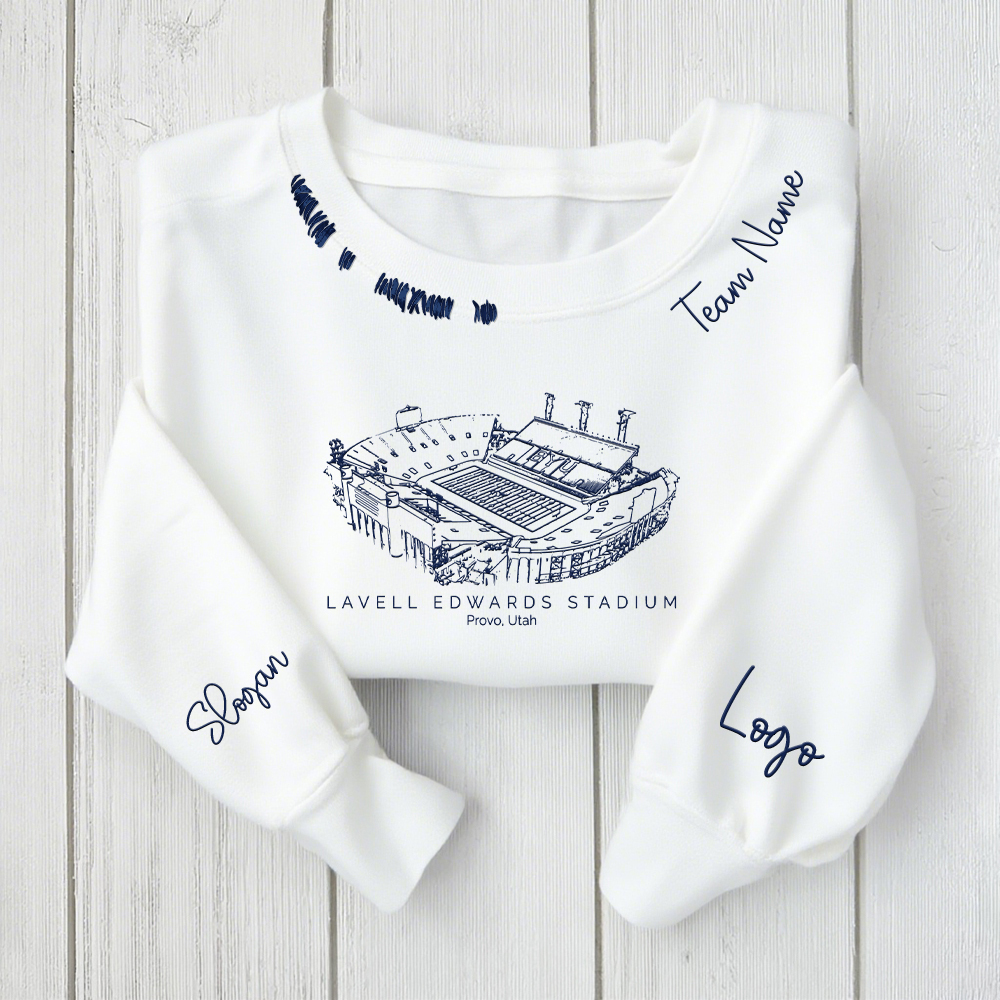 LaVell Edwards Stadium - BYU Cougars football Unisex Distressed Monogram Collar Sleeve Embroidery Chain Stitch Sweatshirt