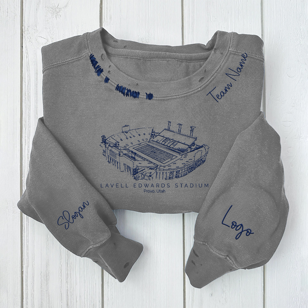 LaVell Edwards Stadium - BYU Cougars football Unisex Distressed Monogram Collar Sleeve Embroidery Chain Stitch Sweatshirt