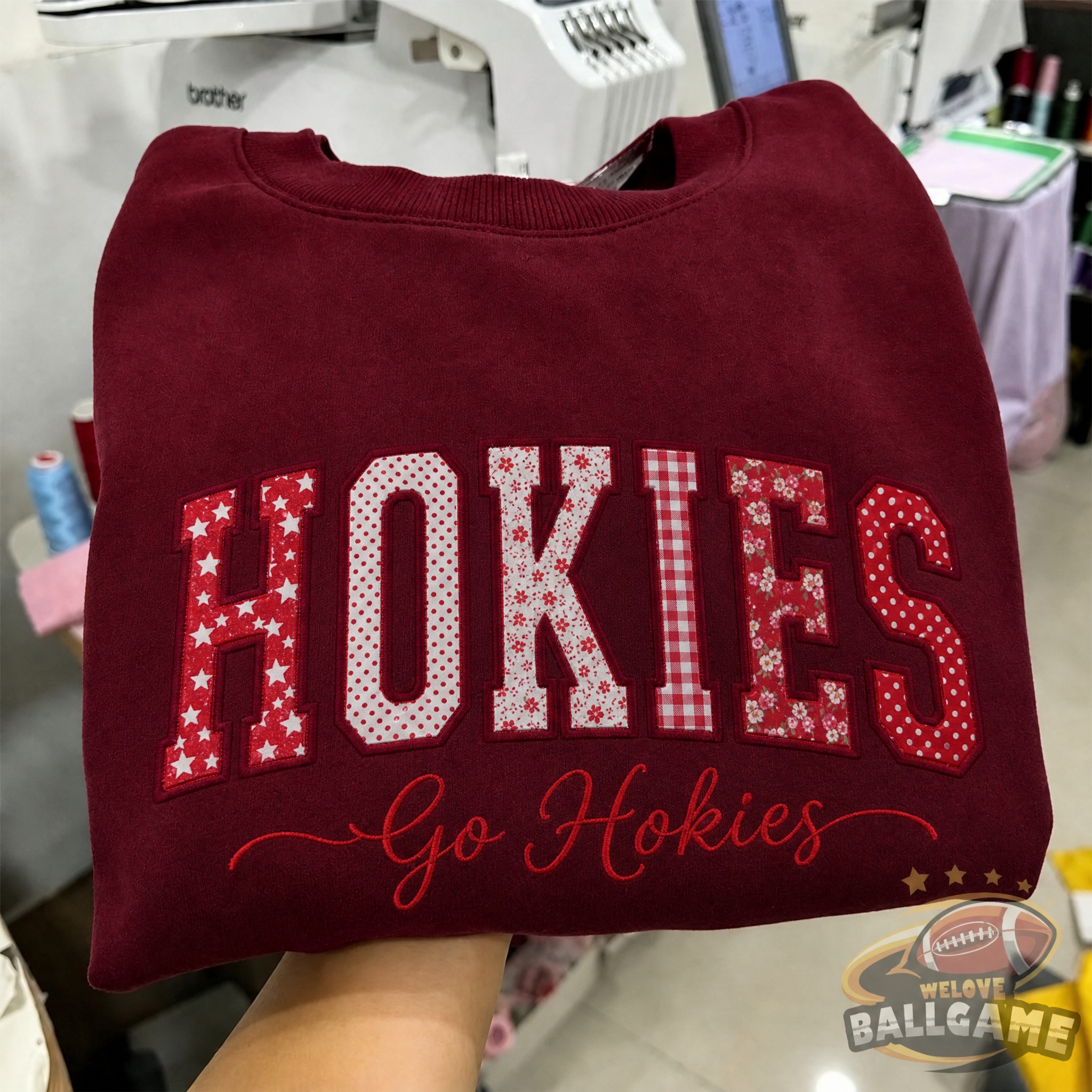 Custom Virginia Tech Patchwork Fabric Embroidered Sweatshirt, Personalized Floral Varsity College Sweatshirt