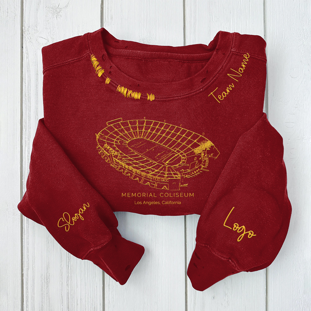 Los Angeles Memorial Coliseum - USC Trojans football Unisex Distressed Monogram Collar Sleeve Embroidery Chain Stitch Sweatshirt
