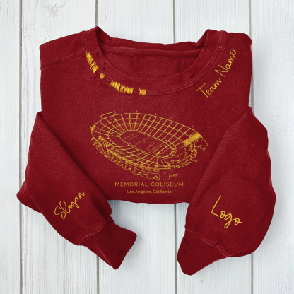 Los Angeles Memorial Coliseum - USC Trojans football Unisex Distressed Monogram Collar Sleeve Embroidery Chain Stitch Sweatshirt
