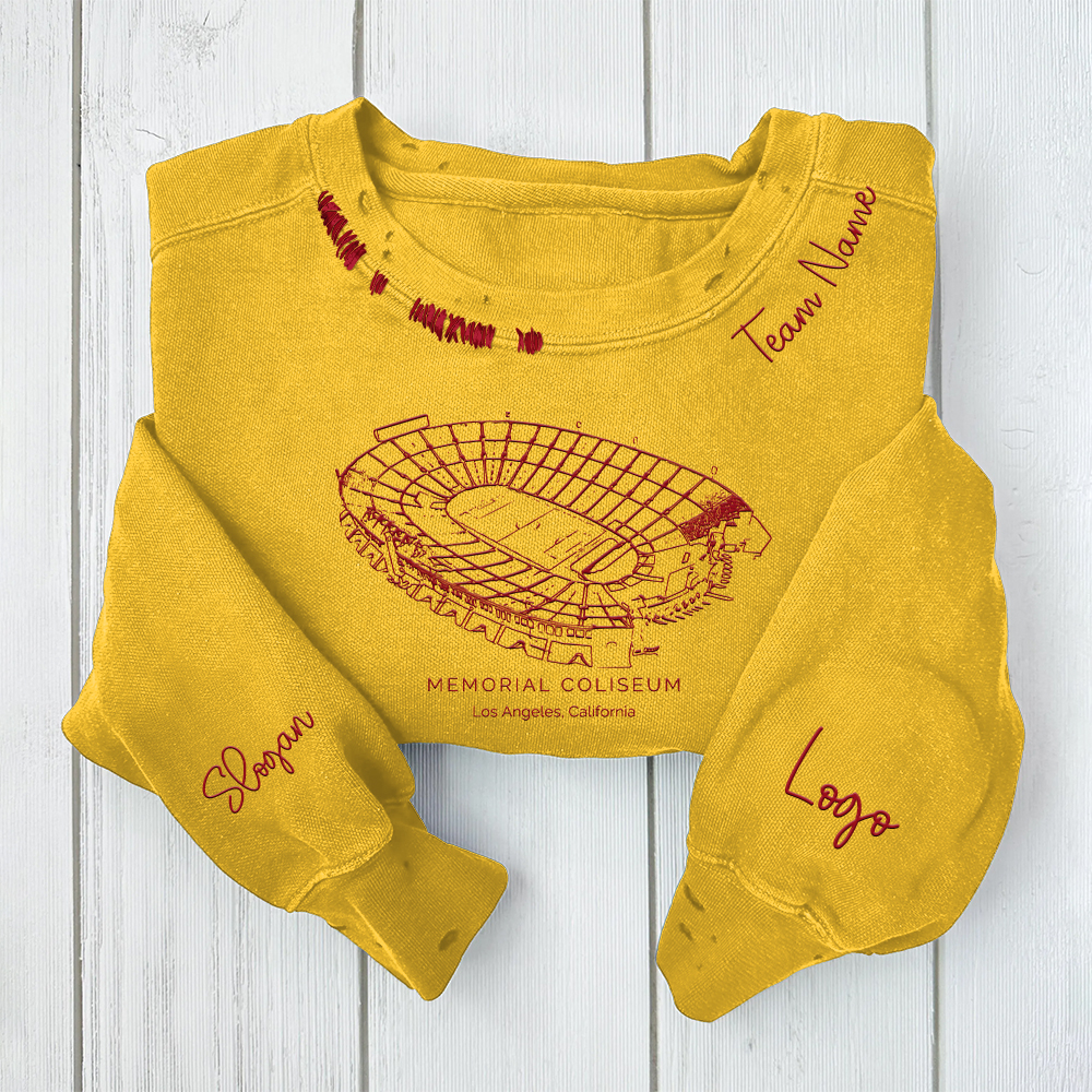 Los Angeles Memorial Coliseum - USC Trojans football Unisex Distressed Monogram Collar Sleeve Embroidery Chain Stitch Sweatshirt