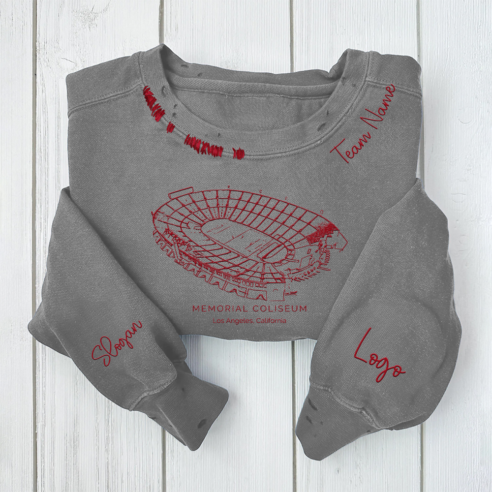 Los Angeles Memorial Coliseum - USC Trojans football Unisex Distressed Monogram Collar Sleeve Embroidery Chain Stitch Sweatshirt