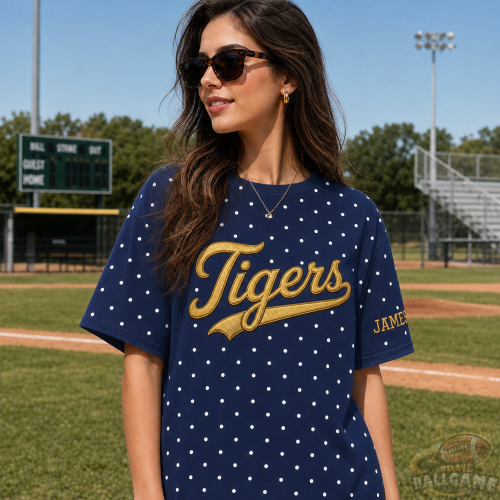 Custom Metallic Puff Team Name Polka Dot T-Shirt, Personalized Team Name Game Day Tee
