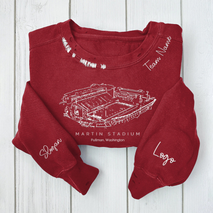 Martin Stadium - Washington State Cougars football Unisex Distressed Monogram Collar Sleeve Embroidery Chain Stitch Sweatshirt