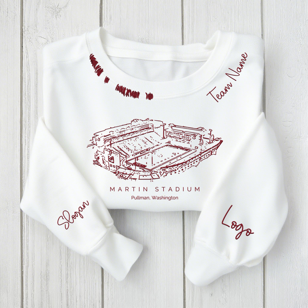 Martin Stadium - Washington State Cougars football Unisex Distressed Monogram Collar Sleeve Embroidery Chain Stitch Sweatshirt