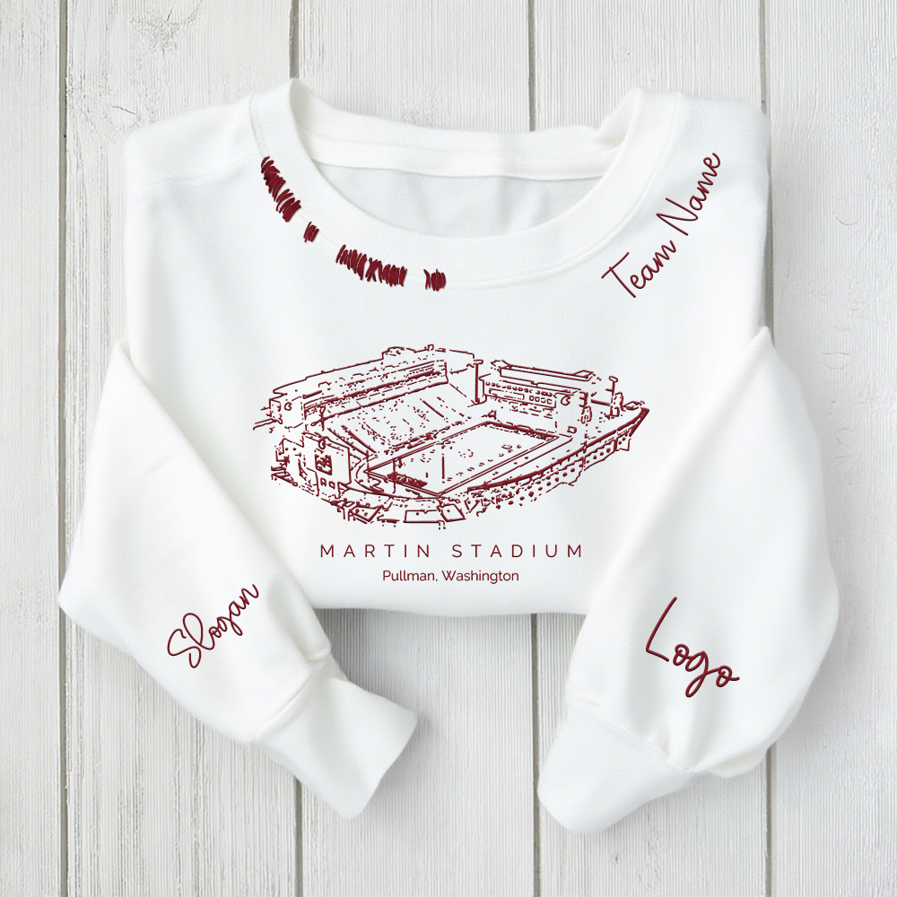 Martin Stadium - Washington State Cougars football Unisex Distressed Monogram Collar Sleeve Embroidery Chain Stitch Sweatshirt