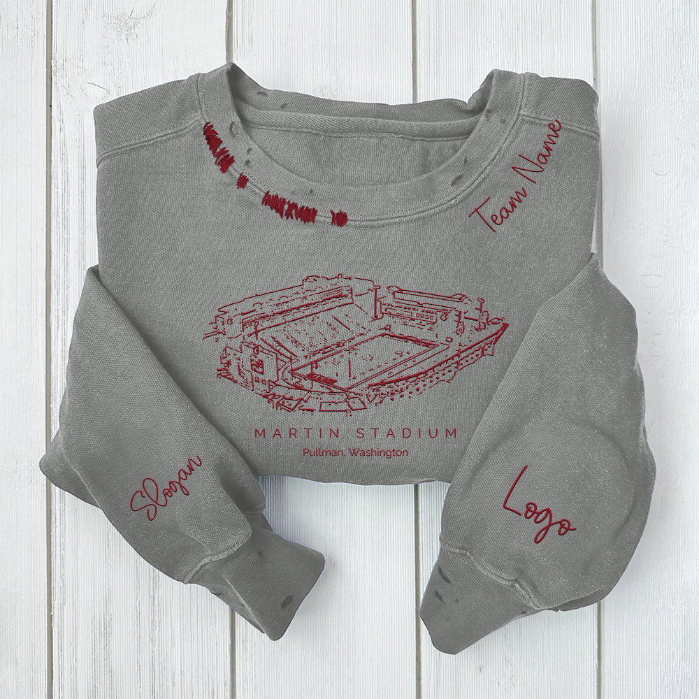 Martin Stadium - Washington State Cougars football Unisex Distressed Monogram Collar Sleeve Embroidery Chain Stitch Sweatshirt
