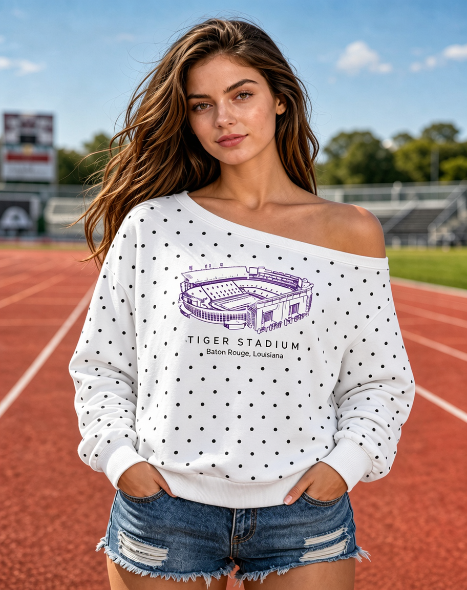 Custom Football Stadium Graphic Polka Dot Off-Shoulder Sweatshirt, Personalized Game Day Tailgate Pullover