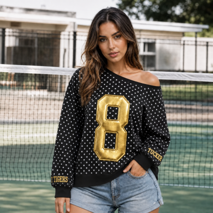 Custom Metallic Puff Varsity Number Off-Shoulder Polka Dot Vintage Varsity Jersey Sweatshirt