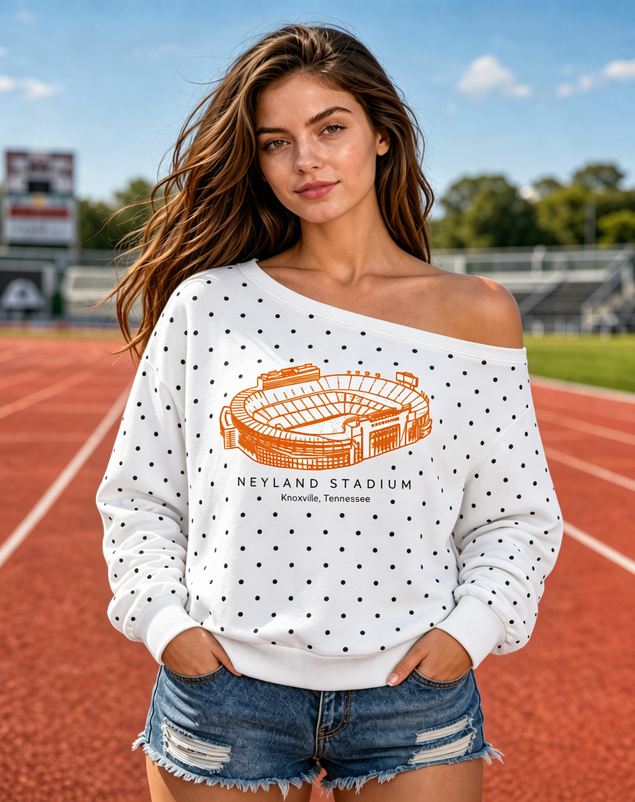Weloveballgame Custom Football Stadium Graphic Polka Dot Off-Shoulder Sweatshirt, Personalized Game Day Tailgate Pullover