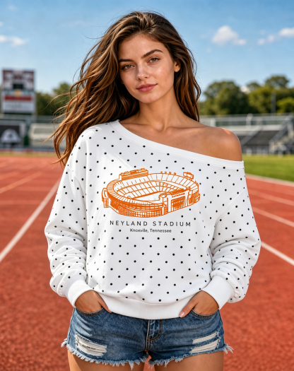 Custom Football Stadium Graphic Polka Dot Off-Shoulder Sweatshirt, Personalized Game Day Tailgate Pullover