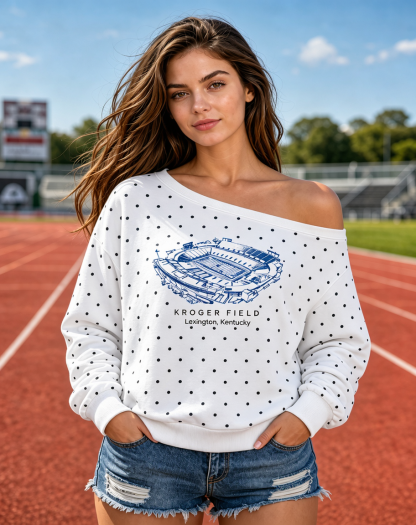 Custom Football Stadium Graphic Polka Dot Off-Shoulder Sweatshirt, Personalized Game Day Tailgate Pullover